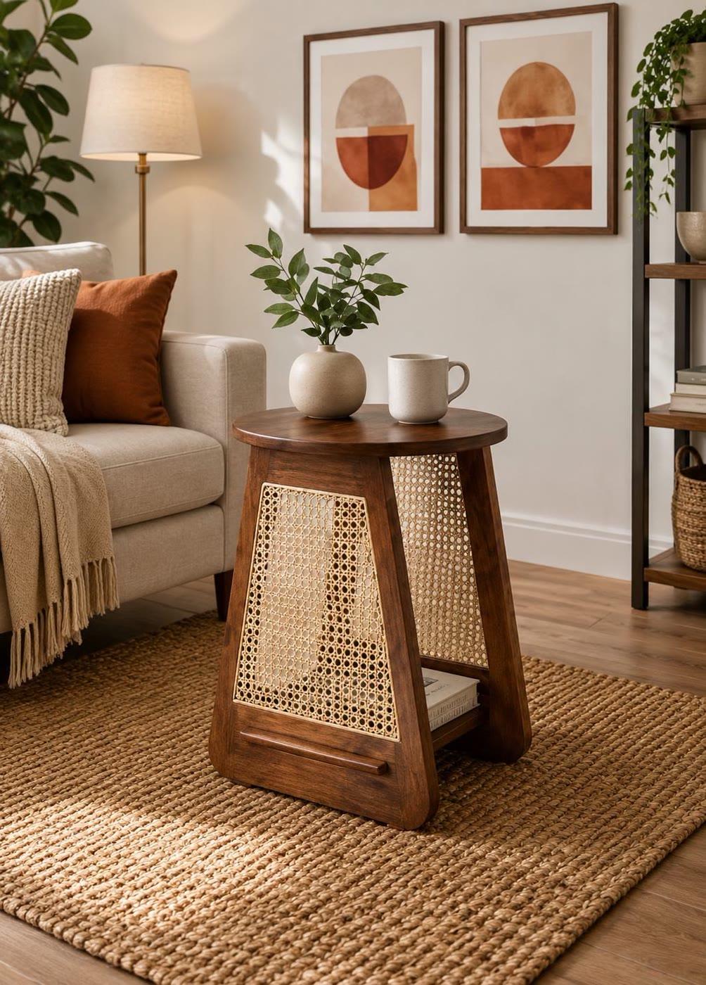 Cane Panel Side Table — Round Top