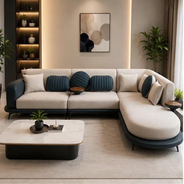 L-Sectional Sofa — Navy Accent Pillows